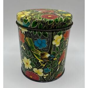 Vintage Floral Bird Tin Canister Colorful Cottage Storage Box / Tea Tin